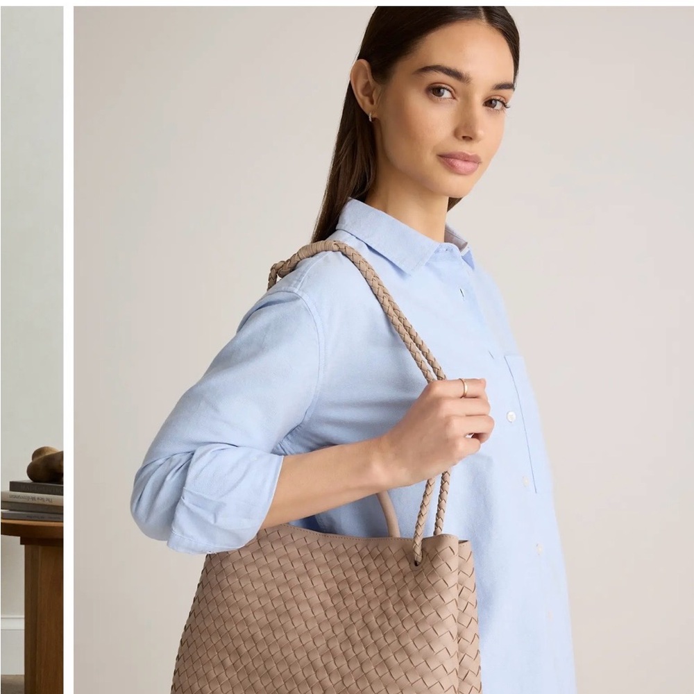Quince Italian Leather Hand Woven Satchel in Taupe - Picture 3 of 12